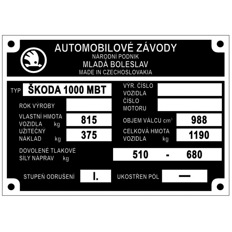 štítok Škoda 1000 MBT