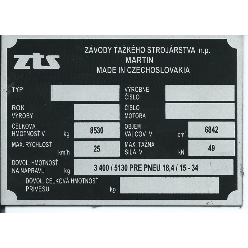 štítok ZTS max. hm.: 8530kg